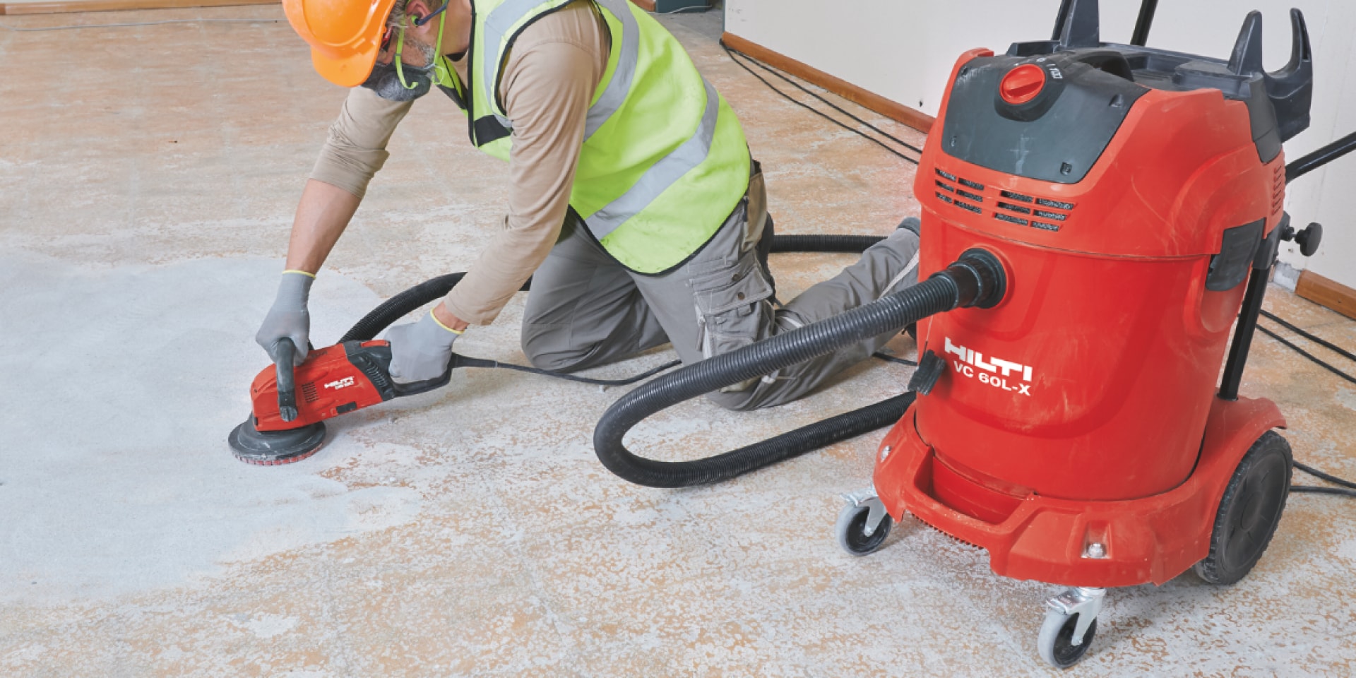For virtually dust-free results combine tools like the DG 150 concrete grinder with a vacuum cleaner
