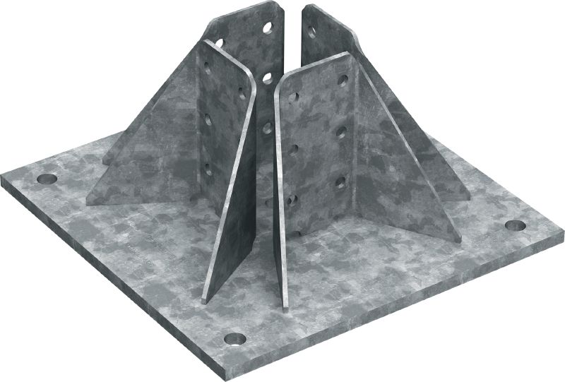 MT-B-GL O4 OC Ağır yük tipi taban plakası 3D, ağır yük tipi MT-90 ana kiriş yapılarının betona ankrajı için taban konektörü; düşük kirlilik düzeyindeki dış mekanlarda kullanıma yöneliktir