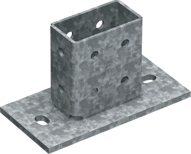 MT-B-O2B OC 3D yük taban plakası 3D yüklere maruz kalan destek kanalı yapılarının betona ve çeliğe ankrajı için taban konektörü; düşük kirlilik düzeyindeki dış mekanlarda kullanıma yöneliktir